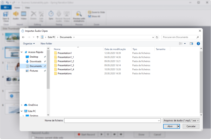 Importando um arquivo de áudio com o iSpring Presenter
