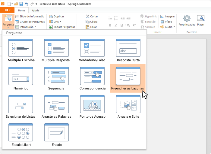 Tipos de pergunta do iSpring Presenter