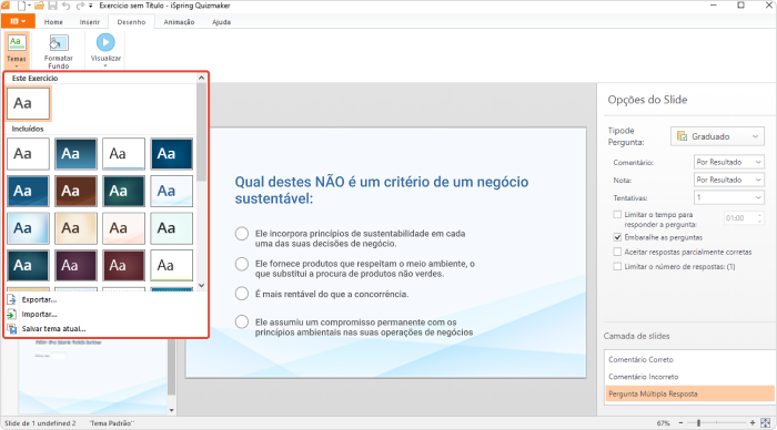 Configurando design do questionário no iSpring Presenter