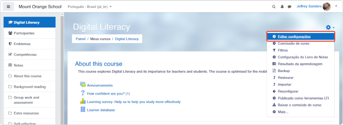 Editar configurações do curso no Moodle