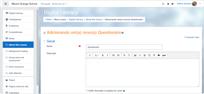 Menu de edição de questionário no Moodle