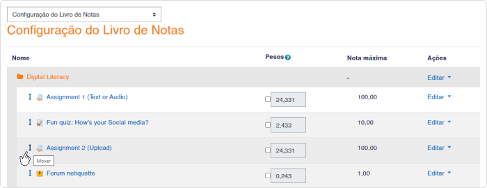 Configuração de categorias do Livro de Notas no Moodle