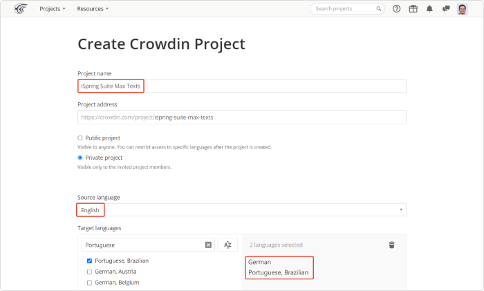 Como criar projeto no Crowdin