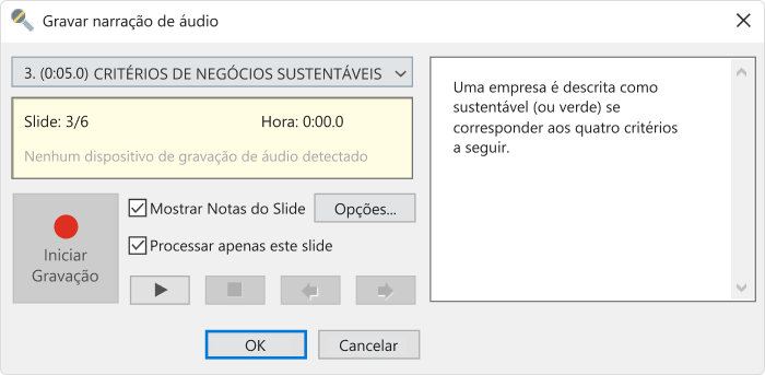 Janela Gravar Narração de Áudio
