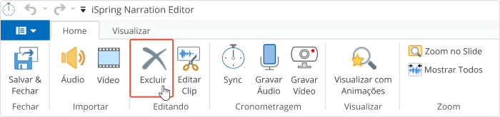 Opção de excluir Clip no editor