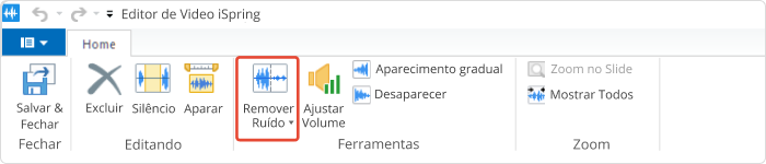 Botão Remover Ruído na barra de ferramentas do Editor de Vídeo