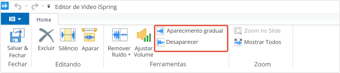 Botões de Aparecimento Gradual e Desaparecimento na barra de ferramentas do Editor de Vídeo