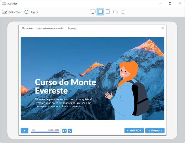 Use a opção Visualizar para ver seu curso em diferentes tipos de tela