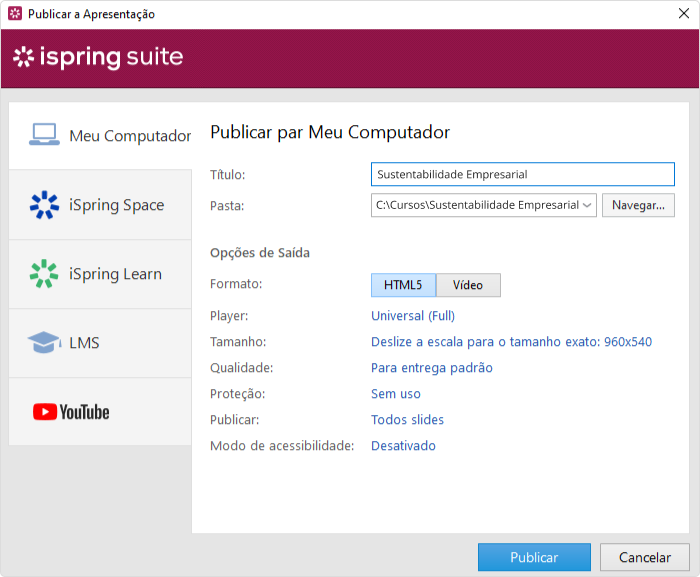 Publicando uma apresentação em vídeo com o iSpring Suite