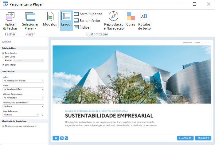 Layout do player no iSpring Suite