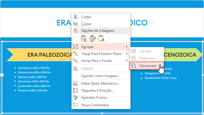 Agrupar > Desagrupar no PowerPoint 2013 para um conjunto de formas." title