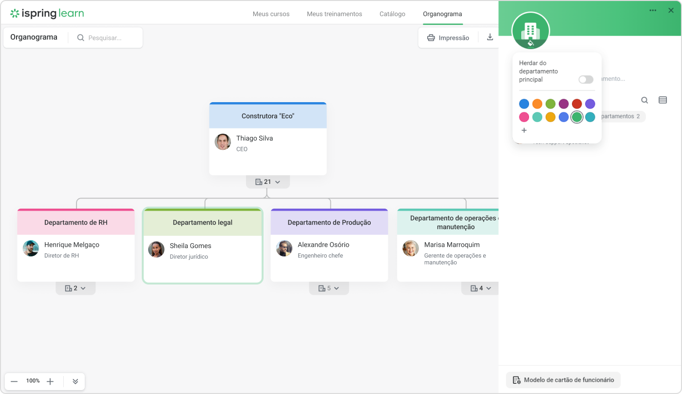 Customização das cores de um organograma no iSpring Learn LMS